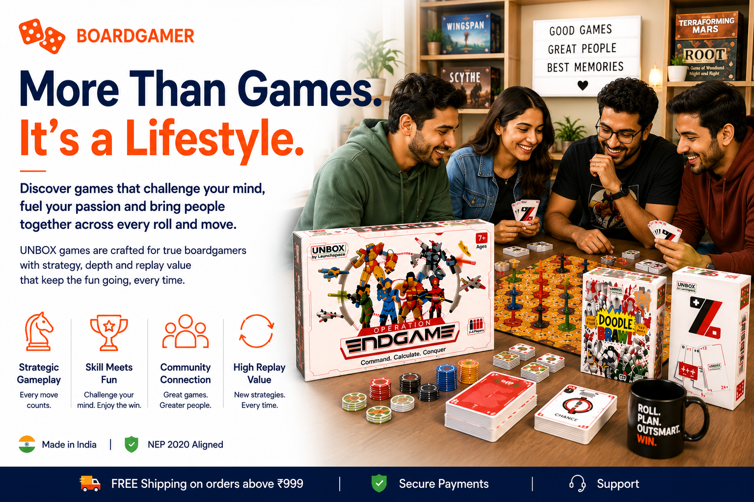People playing board games with promotional text about a lifestyle beyond just games.