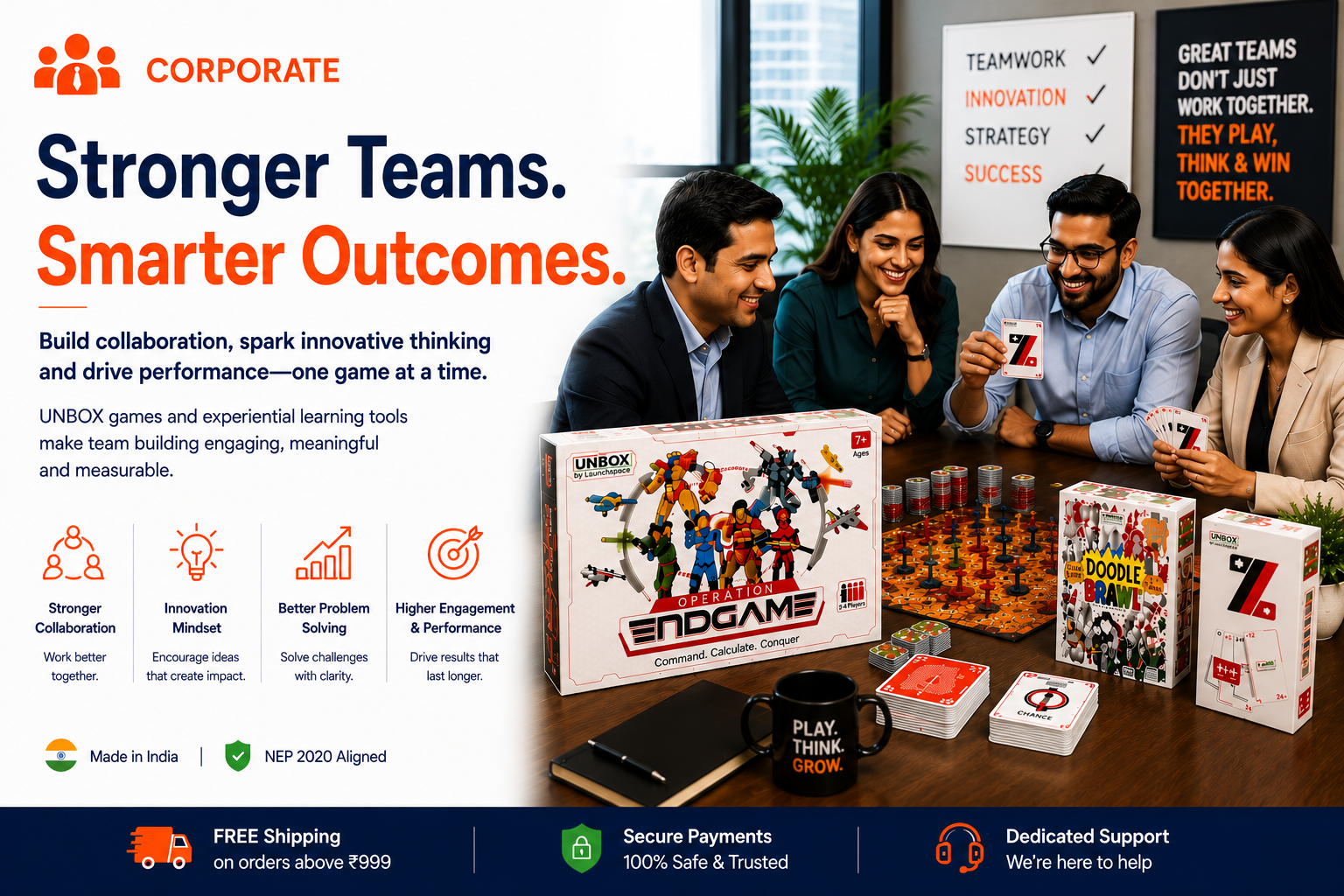 People playing a board game with promotional text about 'Stronger Teams. Smarter Outcomes.'