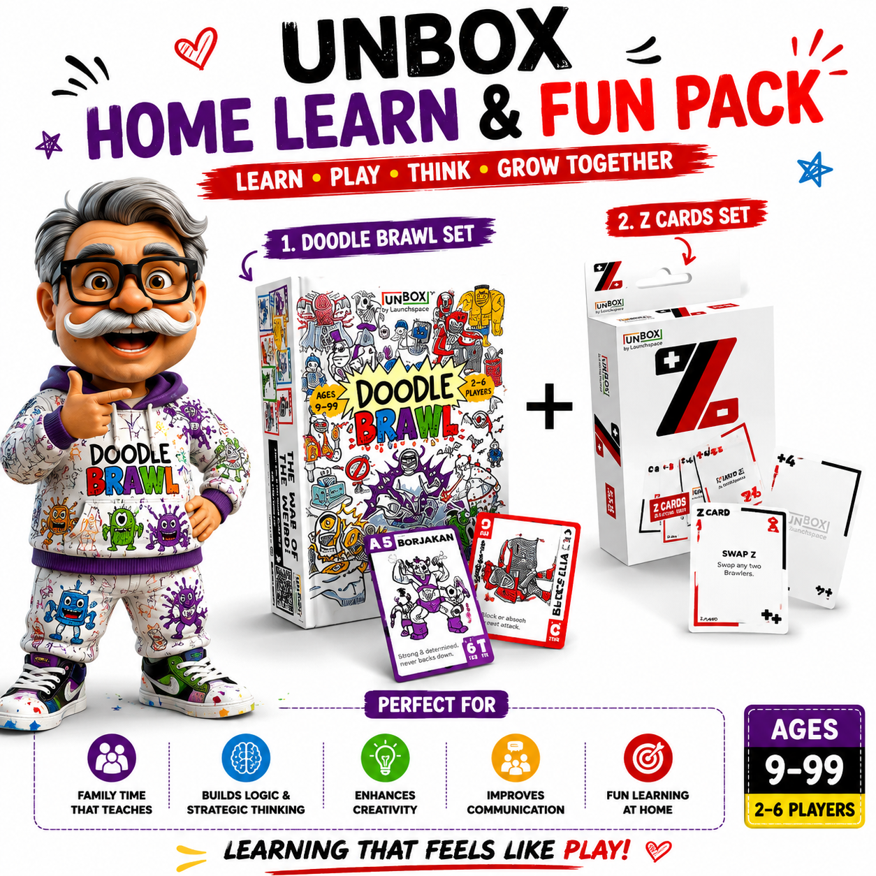 UNBOX Home Learn & Fun Pack | Doodle Brawl + Z Strategy Cards | Family Learning Games for Kids, Parents & Teens | Design Thinking, Maths & Critical Thinking
