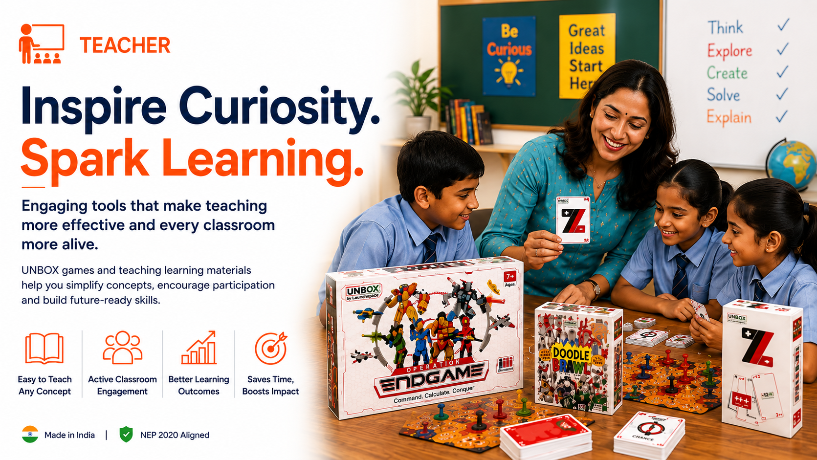 Teacher and students with educational materials in a classroom setting, promoting learning tools.