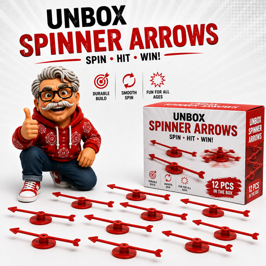Spinner arrows toy set with packaging and a person giving a thumbs-up on a white background